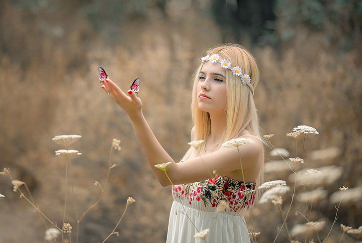summer, girl, butterfly, flowers, nature, dress, blonde, grass, HD wallpaper