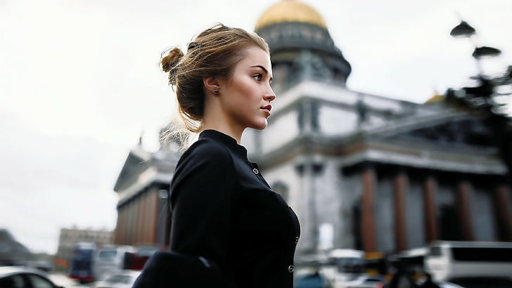 blonde, model, women, Photoshop, bokeh, profile, women outdoors, urban, St. Petersburg, HD wallpaper