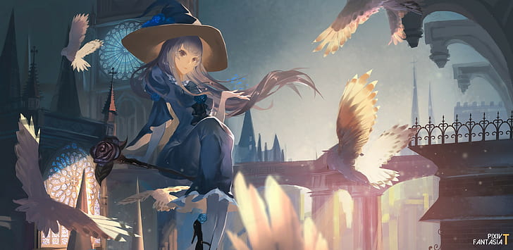 gadis anime, penyihir, topi penyihir, anime, Pixiv Fantasia T, Wallpaper HD