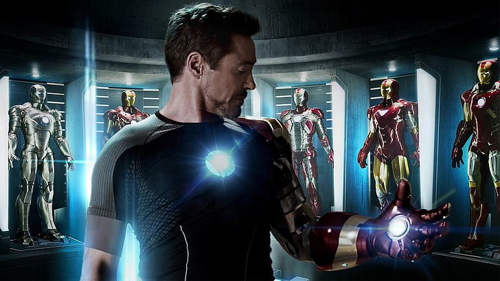 Филмът на Iron Man все още, Тони Старк, Iron Man, Iron Man 3, светещ, Робърт Дауни-младши, The Avengers, Marvel Cinematic Universe, филми, HD тапет