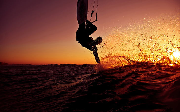 kitesurf, océan, sport, coucher de soleil, vagues, Fond d'écran HD