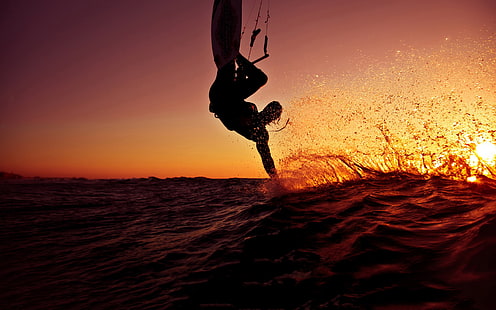 カイトサーフィン、海、スポーツ、日没、波、 HDデスクトップの壁紙 HD wallpaper