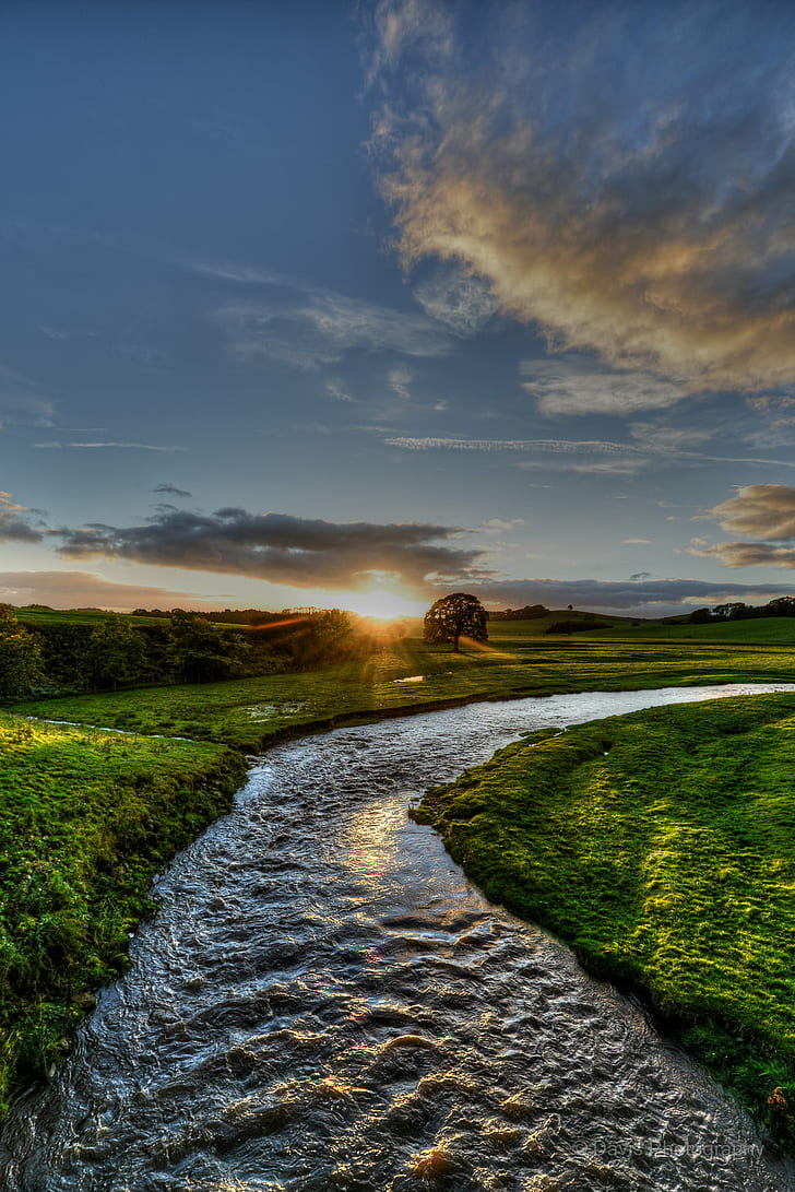 curved flowing river between grass open field, rays, rays, Rays, curved, grass, open field, River Aire, Aire  River, Sunset, ray, suns, oak tree, tree  river, river bend, Skipton, North Yorkshire, countryside, Landscape, shimmer, Reflection, Cloud, nature, rural Scene, cloud - Sky, outdoors, scenics, HD wallpaper