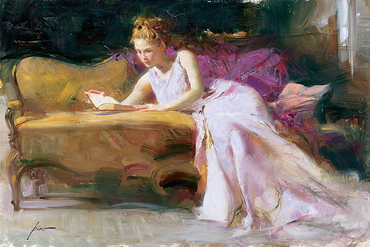 kobieta leżąca na sofie malowanie, dziewczyna, sofa, obrazek, sukienka, sztuka, blondynka, książka, Pino Dangelico, Tapety HD