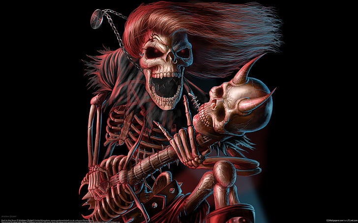 bones, dark, evil, fantasy, grimace, guitars, halloween, hard, heavy, horns, metal, music, reaper, rock, scary, scream, skeleton, skull, smile, spooky, HD wallpaper