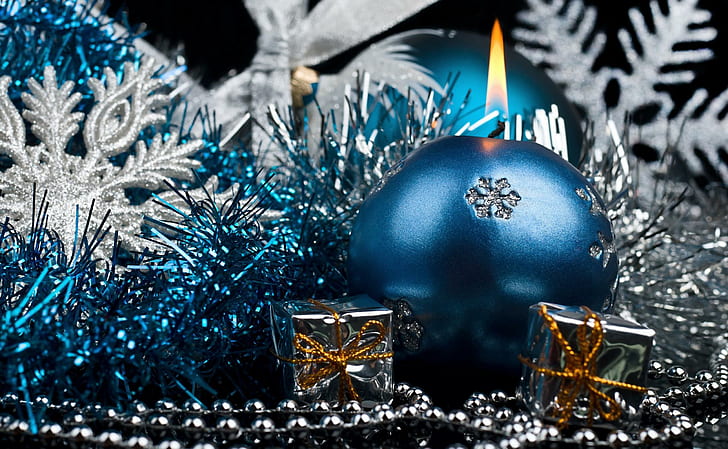lilin, dekorasi natal, perada, hadiah, tahun baru, natal, perhiasan biru, lilin, dekorasi natal, perada, hadiah, tahun baru, natal, Wallpaper HD