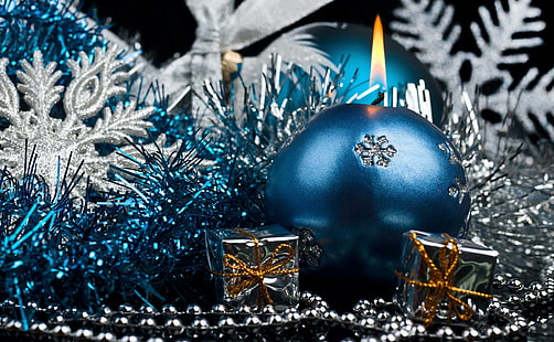 velas, decorações de natal, enfeites, presentes, ano novo, natal, bugiganga azul, velas, decorações de natal, enfeites, presentes, ano novo, natal, HD papel de parede HD wallpaper