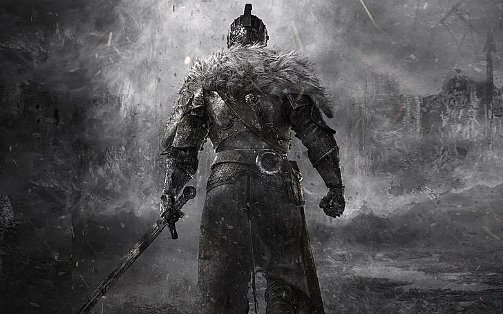Poster permainan Dark Soul 2, Dark Souls, knight, sword, video game, seni fantasi, karya seni, Dark Souls II, monochrome, Wallpaper HD