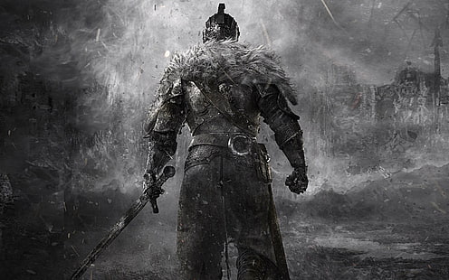Dark Soul 2 spelaffisch, Dark Souls, riddare, svärd, videospel, fantasikonst, konstverk, Dark Souls II, svartvit, HD tapet HD wallpaper