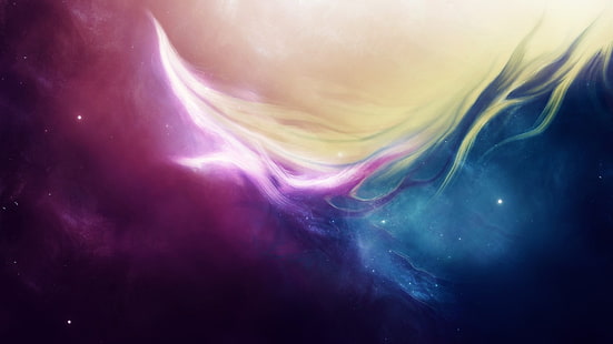 papel tapiz digital amarillo, rosa y azul, colorido, abstracto, espacio, galaxia, arte espacial, obra de arte, nebulosa, arte digital, Fondo de pantalla HD HD wallpaper