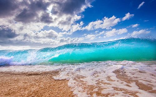 Ocean Waves, blue and green sea waves, Seasons, Summer, Ocean, Blue, Beach, Turquoise, Shore, Waves, Wave, Water, Hawaii, Clouds, Oahu, shorebreak, northshore, Sfondo HD HD wallpaper