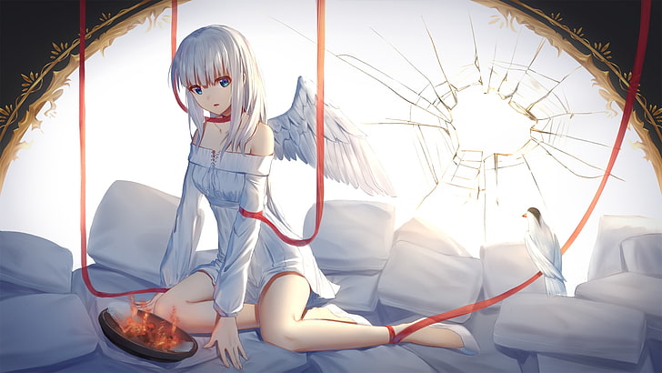 Anime Engel Mädchen, Flügel, Feuer, weiße Haare, Vogel, Anime, HD-Hintergrundbild