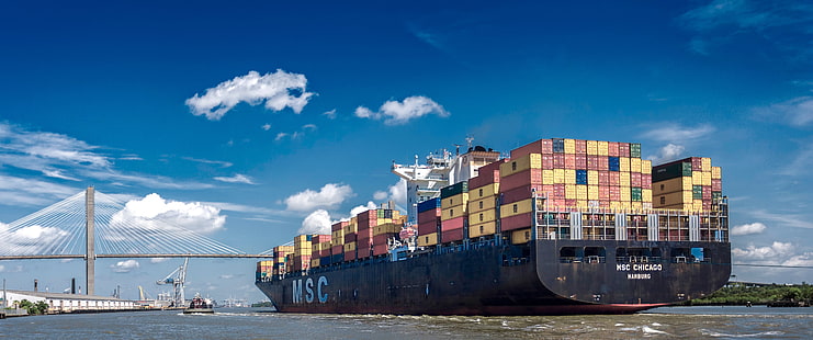 brücke, fluss, das schiff, fracht, ein Containerschiff, container, HD-Hintergrundbild HD wallpaper
