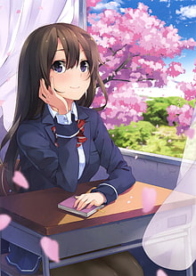anime girl, school, cherry, sakura blossom, school uniform, desk, petals, brown hair, Anime, HD wallpaper HD wallpaper