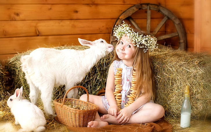 Joy cute girl, wreath, goat, rabbit, basket, eggs, Joy, Cute, Girl, Wreath, Goat, Rabbit, Basket, Eggs, HD wallpaper