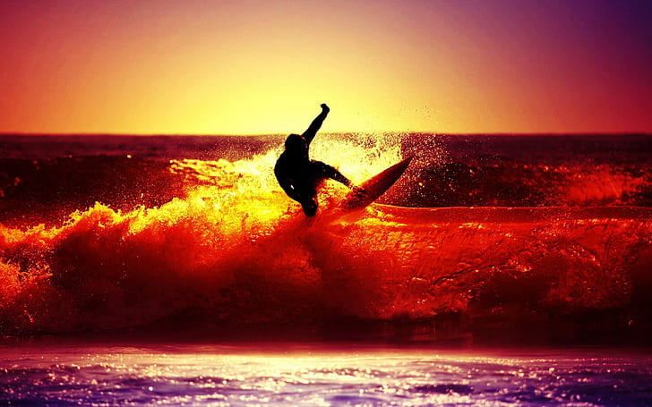 Sunset Surfing, sunset, sea, surf, dude, cool, HD wallpaper
