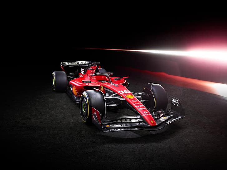 Fórmula 1, coches de fórmula, Ferrari, Ferrari F1, Ferrari fórmula 1, Ferrari SF23, coche, vehículo, automovilismo, fondo oscuro, coches rojos, Fondo de pantalla HD