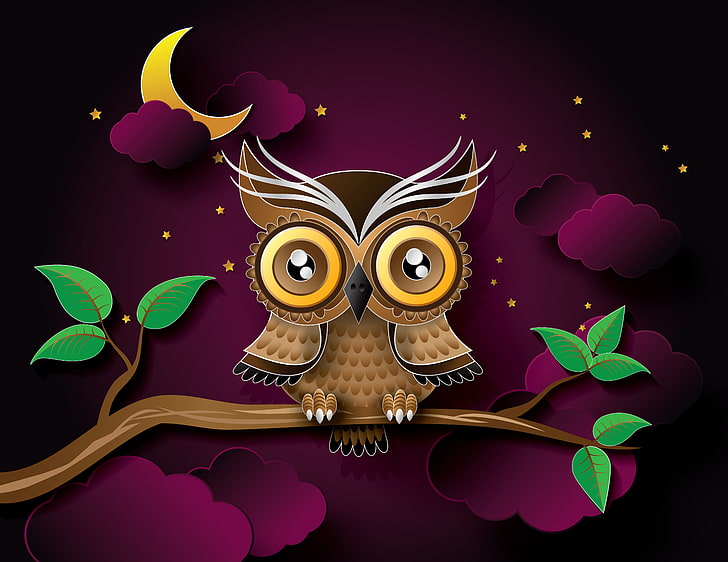 brown and yellow owl illustration, owl, bird, art, branch, HD wallpaper