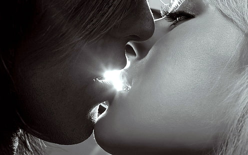 woman's cheek, kiss, girl, guy, face, breath, lips, loop, profile, shape, light, love, mergers, feeling, black and white, frame, HD wallpaper HD wallpaper