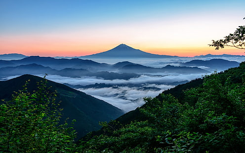 green mountains, nature, landscape, Mount Fuji, Japan, forest, mountains, mist, HD wallpaper HD wallpaper