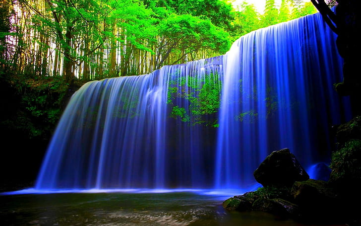 Blue Waterfall Forest, ilustrasi air terjun, air terjun, alam, biru, hutan, Wallpaper HD