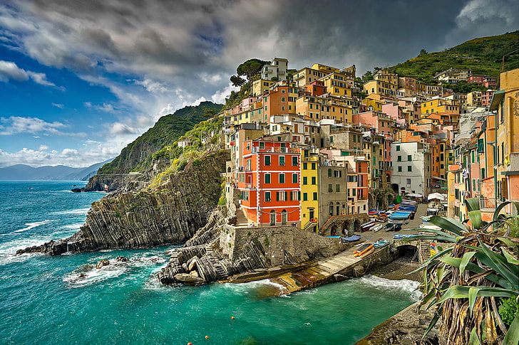 sea, coast, building, Italy, The Ligurian sea, Riomaggiore, Cinque Terre, Liguria, Ligurian Sea, HD wallpaper