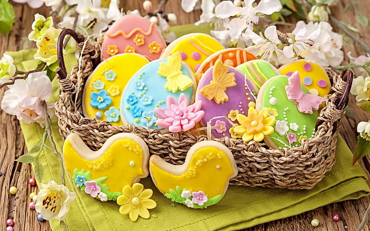 Easter Cookies Holiday Eggs, multi color bird and flower decors, easter, cookies, holiday, eggs, HD wallpaper