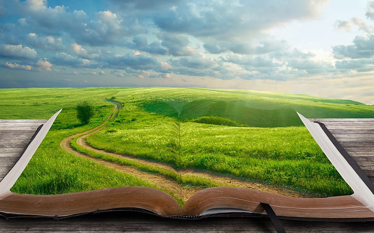 Green World Book, grass, landscape, book, sky, roads, HD wallpaper