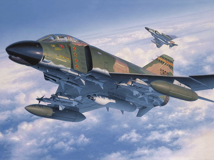 grüner und weißer Kampfflugzeug, Kämpfer, Krieg, Kunst, Malerei, Luftfahrt, Jet, McDonnell Douglas F-4 Phantom II, HD-Hintergrundbild