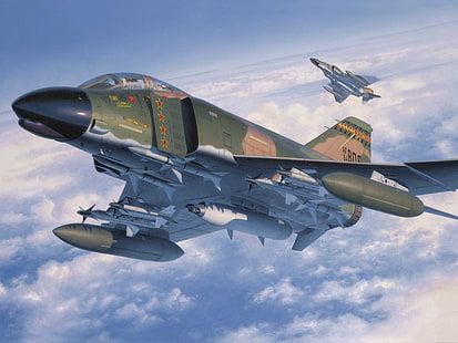 jet tempur hijau dan putih, pesawat tempur, perang, seni, lukisan, penerbangan, jet, McDonnell Douglas F-4 Phantom II, Wallpaper HD HD wallpaper
