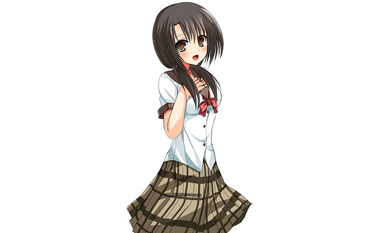 personnage féminin anime portant une jupe à carreaux et une chemise à carreaux blanche, fille, brune, jupe, forme, surprise, arc, Fond d'écran HD