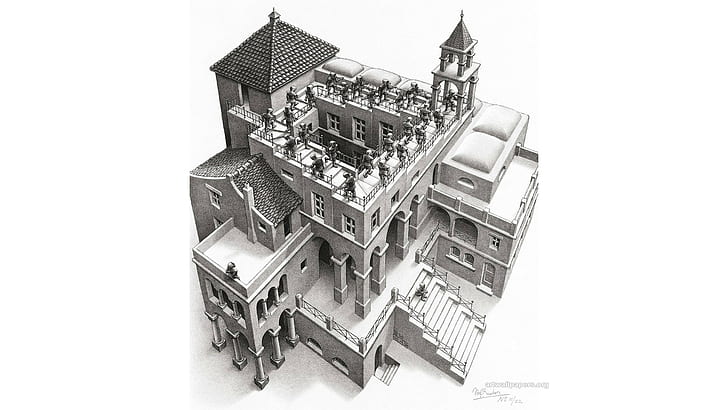 œuvres d'art, illusion d'optique, M. C. Escher, monochrome, psychédélique, bâtiment, maison, escaliers, tour, arc, pilier, toits, lithographie, Fond d'écran HD