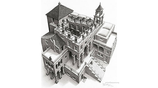 งานศิลปะ, ภาพลวงตา, ​​M. C. Escher, ขาวดำ, ประสาทหลอน, อาคาร, บ้าน, บันได, หอคอย, ซุ้มประตู, เสา, หลังคา, ภาพพิมพ์หิน, วอลล์เปเปอร์ HD HD wallpaper