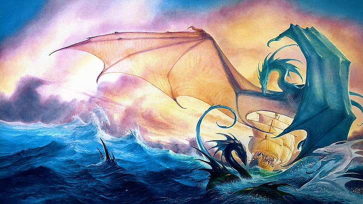 дракон на морска живопис, фентъзи изкуство, дракон, HD тапет