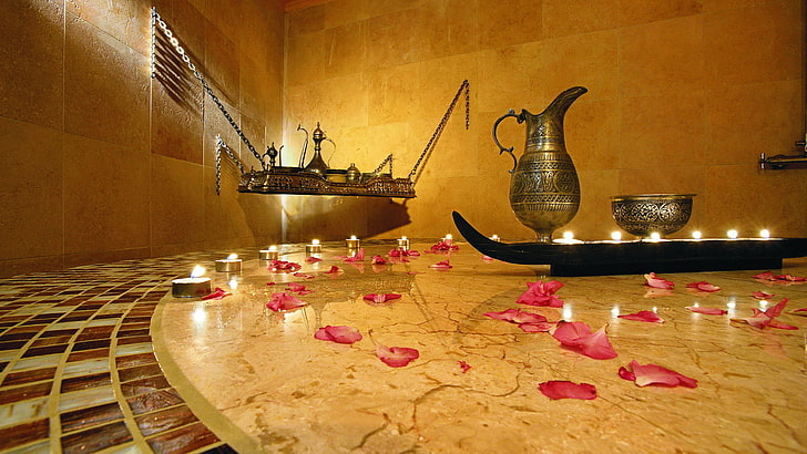 bowls, petals, candles, interior, HD wallpaper