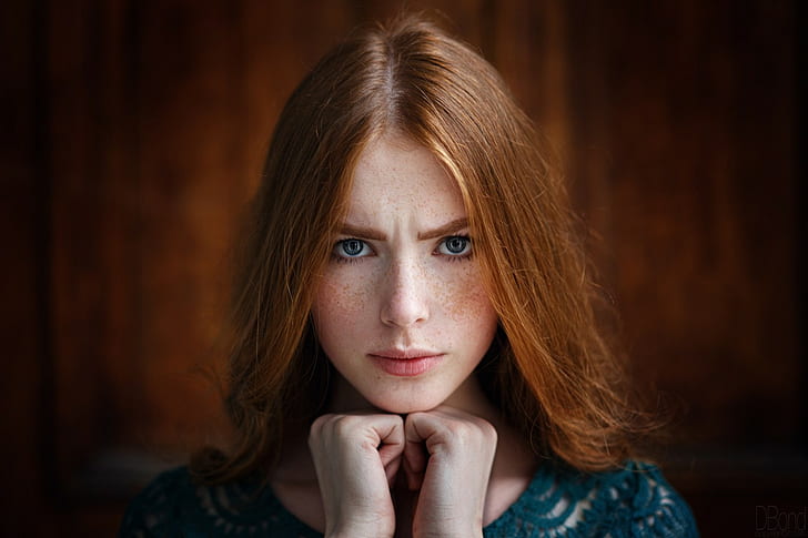 redhead, portrait, blue eyes, face, model, straight hair, simple background, long hair, women, looking at viewer, freckles, Katya Voronina, HD wallpaper