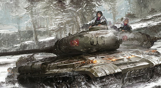 Mädchen und Panzer, Nonna (Mädchen und Panzer), Klara (Mädchen und Panzer), IS-2, Panzer, Anime Mädchen, HD-Hintergrundbild HD wallpaper