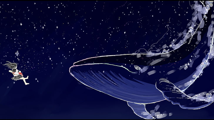 ilustração de baleia, baleia, estrelas, debaixo d'água, HD papel de parede