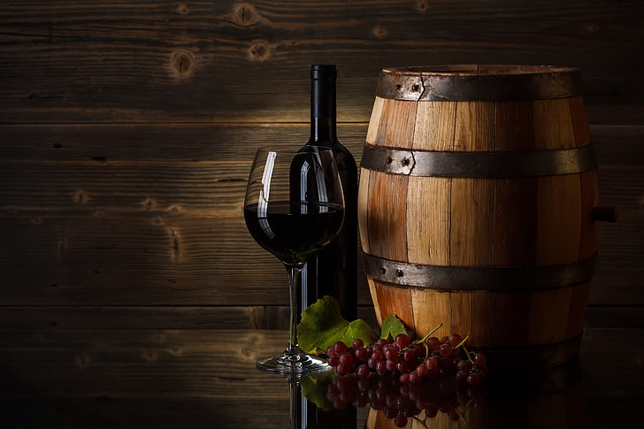 clear wine glass, wine, glass, grapes, barrel, HD wallpaper