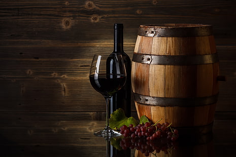 copa de vino transparente, vino, vidrio, uvas, barril, Fondo de pantalla HD HD wallpaper