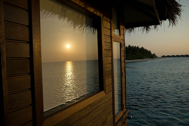 Bora Bora Sunset, dusk, tahiti, island, beach, reflection, bungalow, water, evening, exotic, atoll, polynesia, bora-bora, villa, HD wallpaper