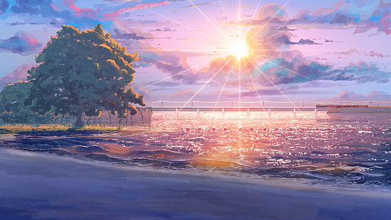 слънчеви лъчи, слънце, плаж, визуален роман, ArseniXC, облаци, вечно лято, море, HD тапет HD wallpaper