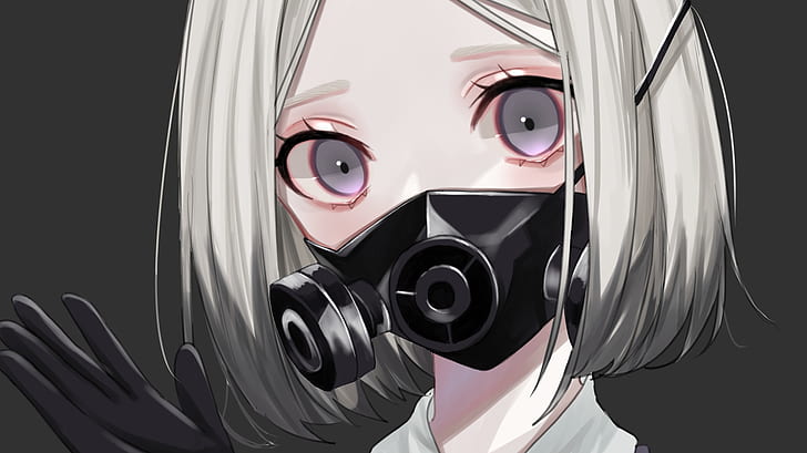 Anime, Original, Gas Mask, Girl, Grey Hair, Purple Eyes, HD wallpaper