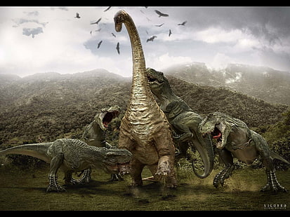 empat dinosaurus T-rex, Hewan, Dinosaurus, Wallpaper HD HD wallpaper