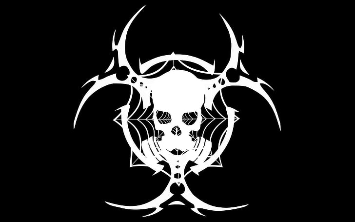 logotipo de hazzard, minimalismo, cráneo, máscaras de gas, riesgo biológico, fondo negro, Fondo de pantalla HD