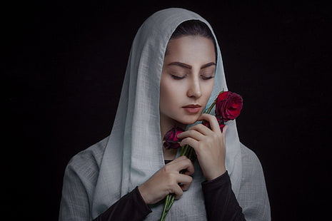 женщины, модель, цветы, роза, лицо, закрытые глаза, портрет, HD обои HD wallpaper