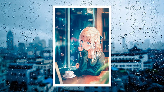 anime girl, window, raining, coffee, blonde, rain drops, Anime, HD wallpaper HD wallpaper