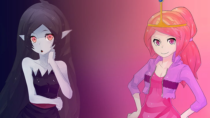 二人の少女アニメキャラクター、アドベンチャータイム、吸血鬼の女王マルセリーヌ、バブルガム姫、 HDデスクトップの壁紙