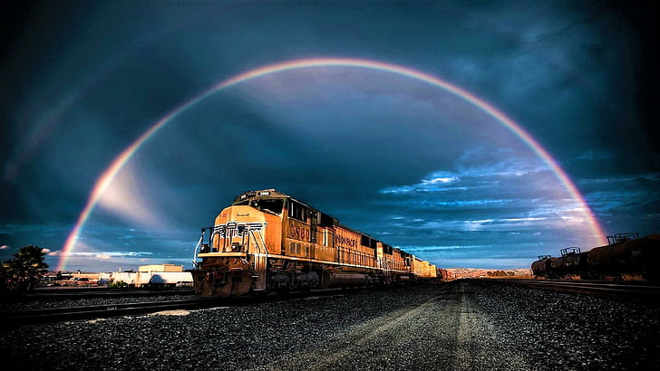 rainbow, train, darkness, rail transport, sky, tracks, meteorological phenomenon, cloud, phenomenon, evening, landscape, rails, HD wallpaper