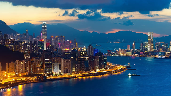 建築、湾、建物、都市、都市景観、雲、hdr、香港、香港、ライト、山、ネオン、夜、風光明媚な、船、海岸、標識、空、スカイライン、高層ビル、音、日の出、日没、車、水、窓、世界、 HDデスクトップの壁紙